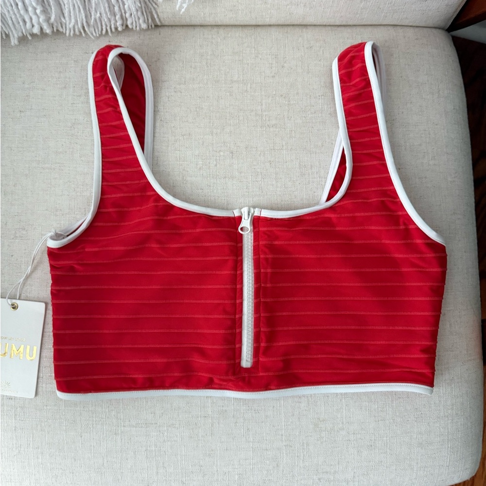 Show Me Your Mumu Red & White Ribbed Zip Top